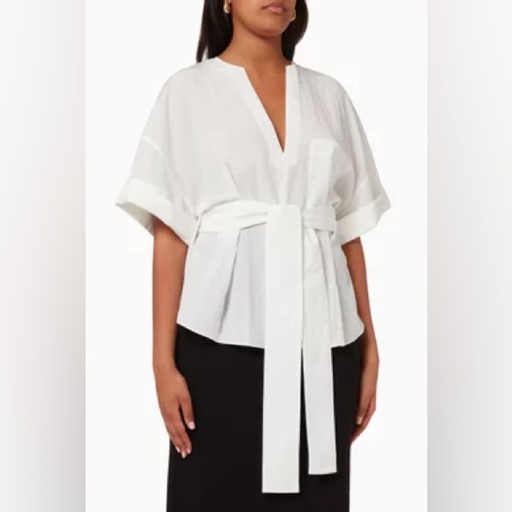 Vince Cuffed Short Sleeve V-Neck Blouse White Size Large NWOT